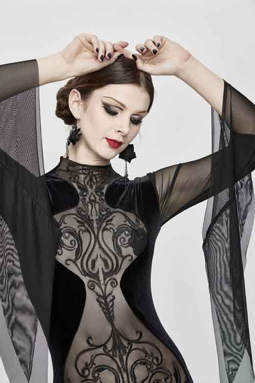 Black Translucent Embroidered Flared Sleeves Sexy Velvet Gothic Womens Dress - Product - 7
