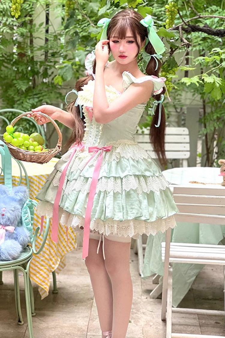 Green [Mints] Multi-Layered Ruffle Bowknot Lace Sweet Ballet Lolita Dress - Product - 7