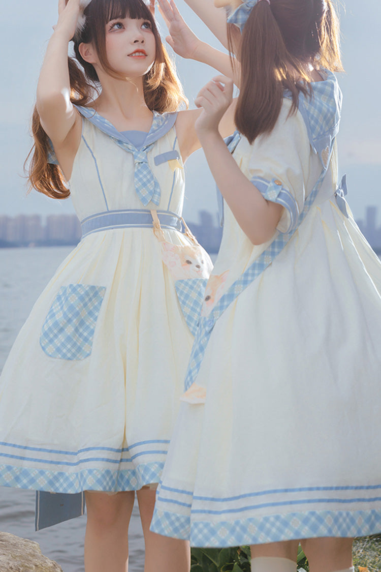 White/Blue Navy Style Cute Animals Print Sweet Princess Lolita Jsk Dress - Product - 4