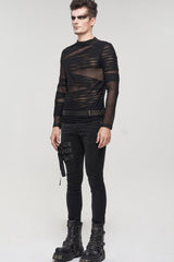 Black Gothic Bandage Design Net Yarn Perspective Men's Sweater - Product - 8