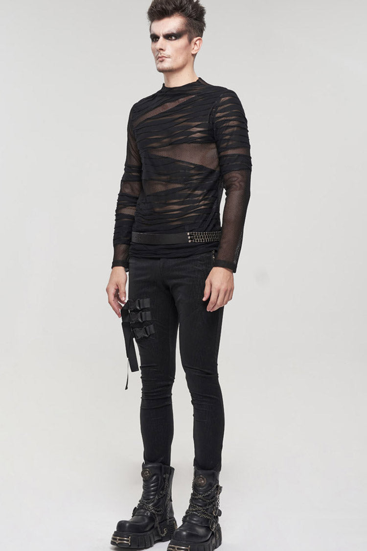 Black Gothic Bandage Design Net Yarn Perspective Men's Sweater - Product - 8