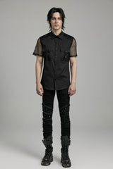 Black Lapel Collar Short Sleeves Mesh Stitching Men's Punk Blouse - Product - 2