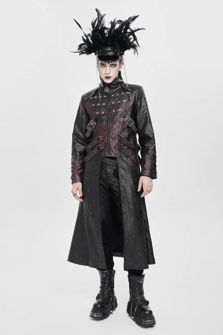 Black/Red Stand Collar Zipper Straps Eyelet Men's Punk Coat - Product - 9