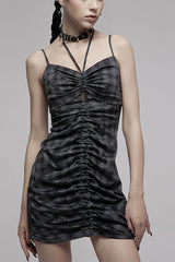 Grey Knitted Stretch Hollow-Carved Design Drawstring Bodycon Shoulder Strap Halter Neck Women's Punk Dress - Grey - 1