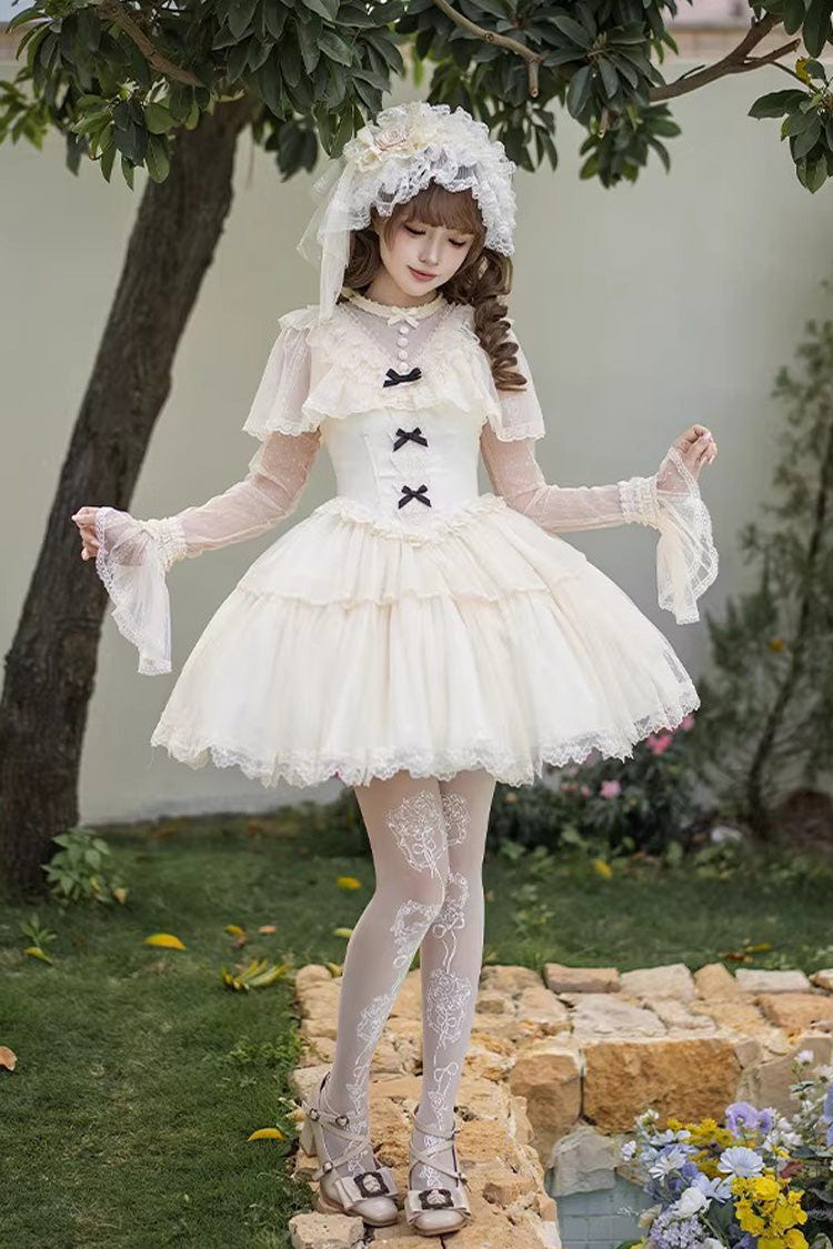 Ivory [The Oath of White Mist] Edwardian Collar Long Sleeves Multi-Layered Ruffled Bow Lace Fishbone Sweet Lolita Dress 2 Versions - Product - 11
