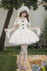Ivory [The Oath of White Mist] Edwardian Collar Long Sleeves Multi-Layered Ruffled Bow Lace Fishbone Sweet Lolita Dress 2 Versions - Product - 11
