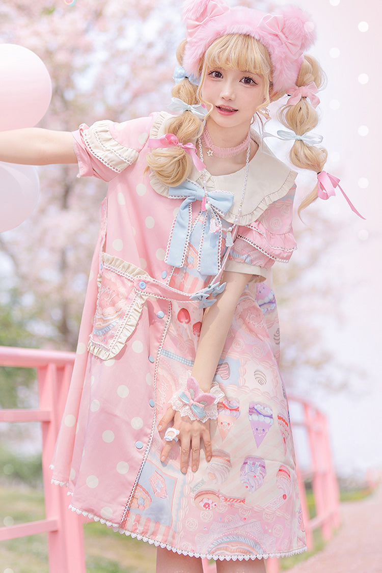 Cake Chocolate Dessert Print Short Sleeves Ruffle Bowknot Sweet Lolita Dress 2 Colors - Pink - 1