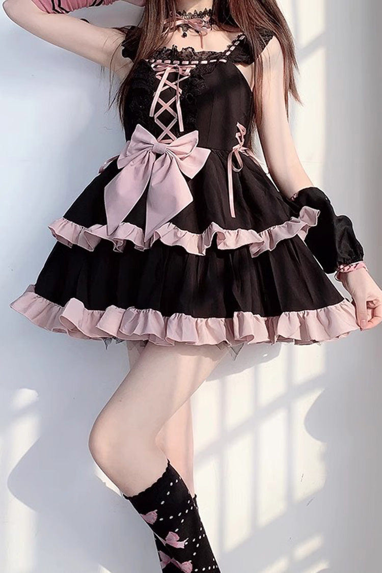 Black/Pink Double Layer Ruffle Bowknot Lace-Up Sweet Princess Lolita Jsk Dress - Product - 3