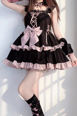 Black/Pink Double Layer Ruffle Bowknot Lace-Up Sweet Princess Lolita Jsk Dress - Product - 3