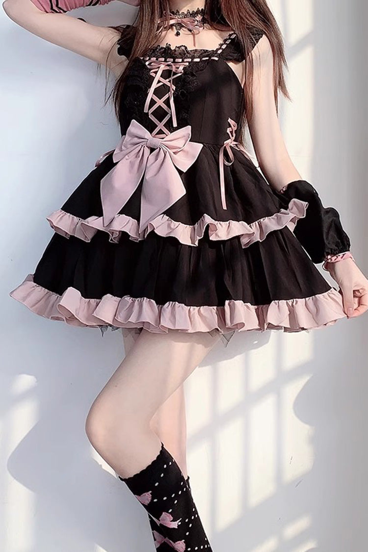 Black/Pink Double Layer Ruffle Bowknot Lace-Up Sweet Princess Lolita Jsk Dress - Product - 3
