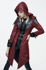 Punk Black And Red Applique Womens Hooded Leather Long Coats - Product - 2