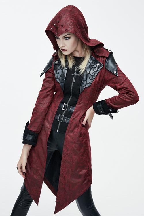 Punk Black And Red Applique Womens Hooded Leather Long Coats - Product - 2