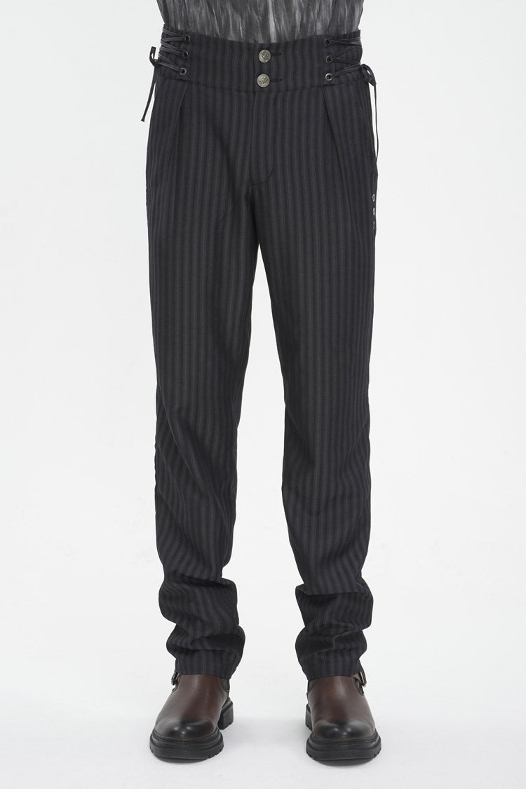 Black High Waisted Lace-Up Striped Men's Gothic Pants - Black - 1