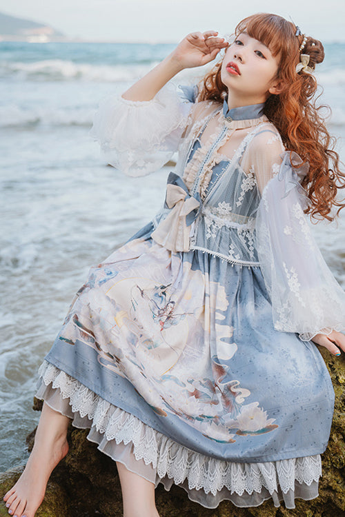 Blue Chinese Mythology Print High Waist Lace Trim Sweet Lolita JSK Dress - Product - 3