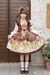 Brown [Squirrel Chocolate Shop] Doll Collar Long Sleeves Printed Ruffled Bow Sweet Lolita Dress - Brown - 1