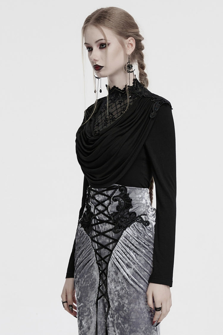 Black Long Sleeves Cowl Neck Stitching Lace Women's Gothic Blouse - Product - 2