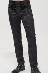 Black Gothic Glossy Pattern Drawstring Lace Decoration Men's Pants - Product - 2