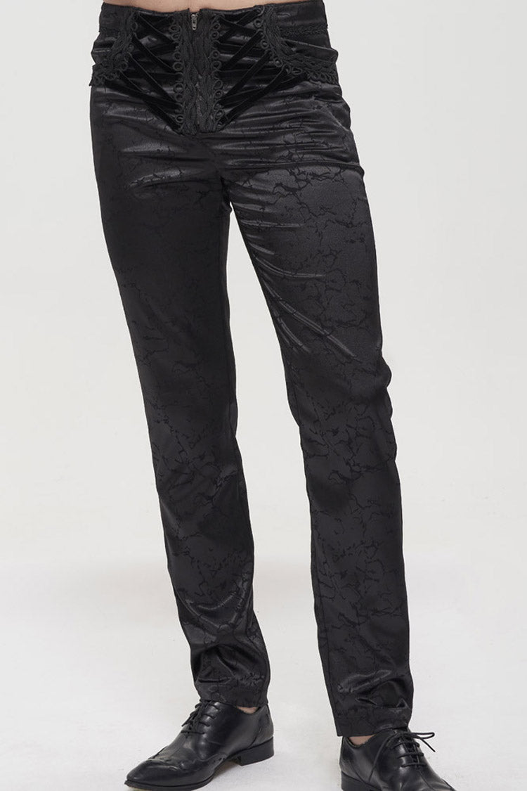 Black Gothic Glossy Pattern Drawstring Lace Decoration Men's Pants - Product - 2