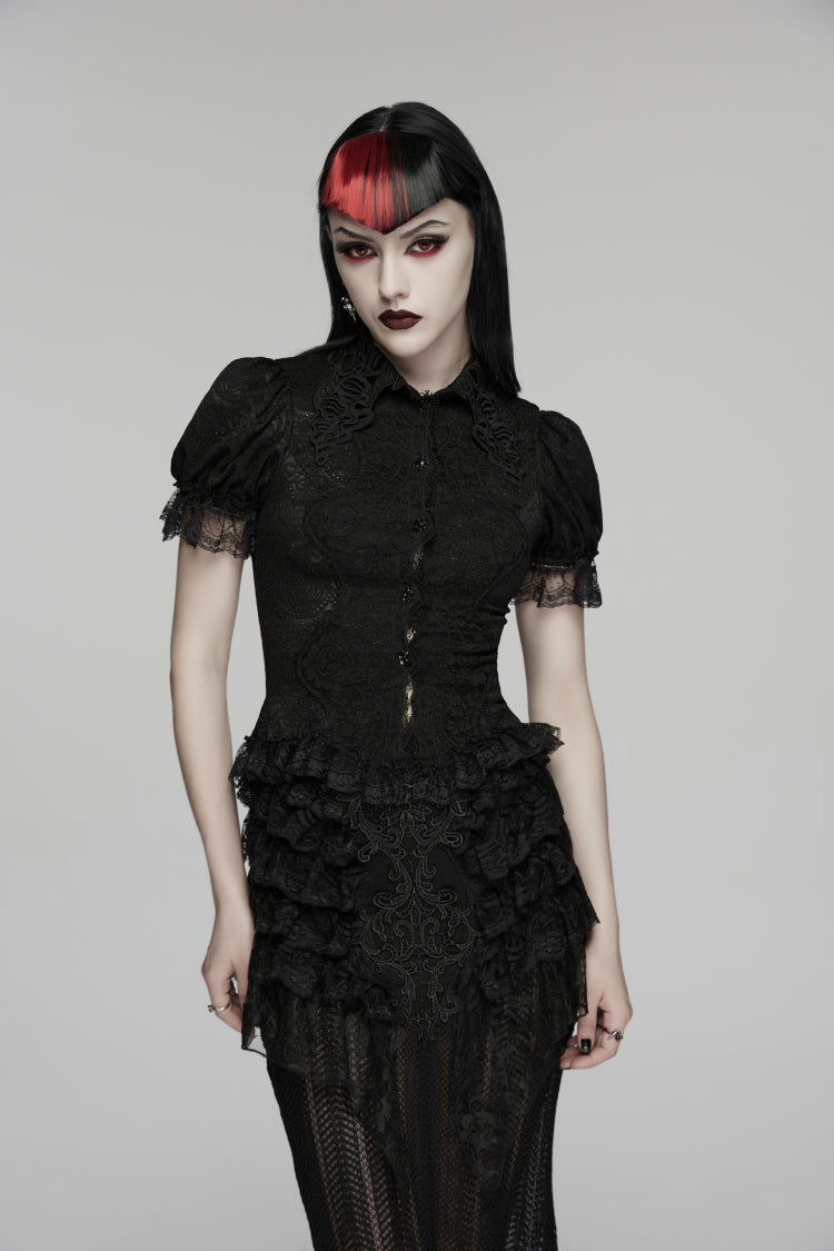 Black Lapel Collar Short Puff Sleeves Cut-Out Lace Lace-Up Slim Women's Gothic Blouse - Product - 8