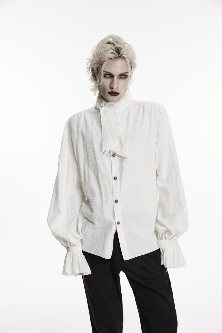 White Stand Collar Long Puff Sleeves Jacquard Detachable Tie Men's Gorgeous Shirt - White - 1