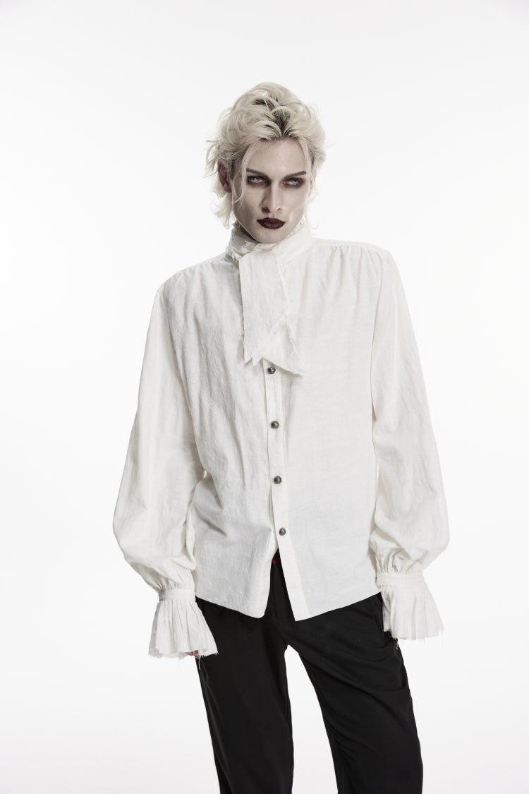 White Stand Collar Long Puff Sleeves Jacquard Detachable Tie Men's Gorgeous Shirt - White - 1