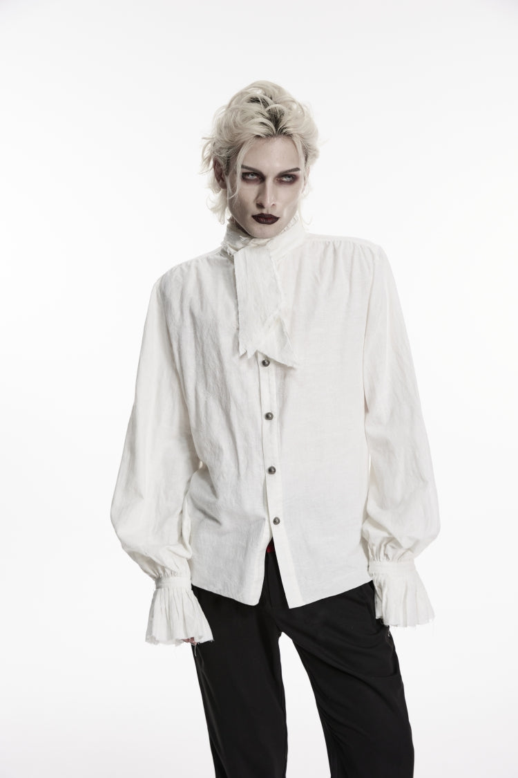 White Stand Collar Long Puff Sleeves Jacquard Detachable Tie Men's Gorgeous Shirt - White - 1