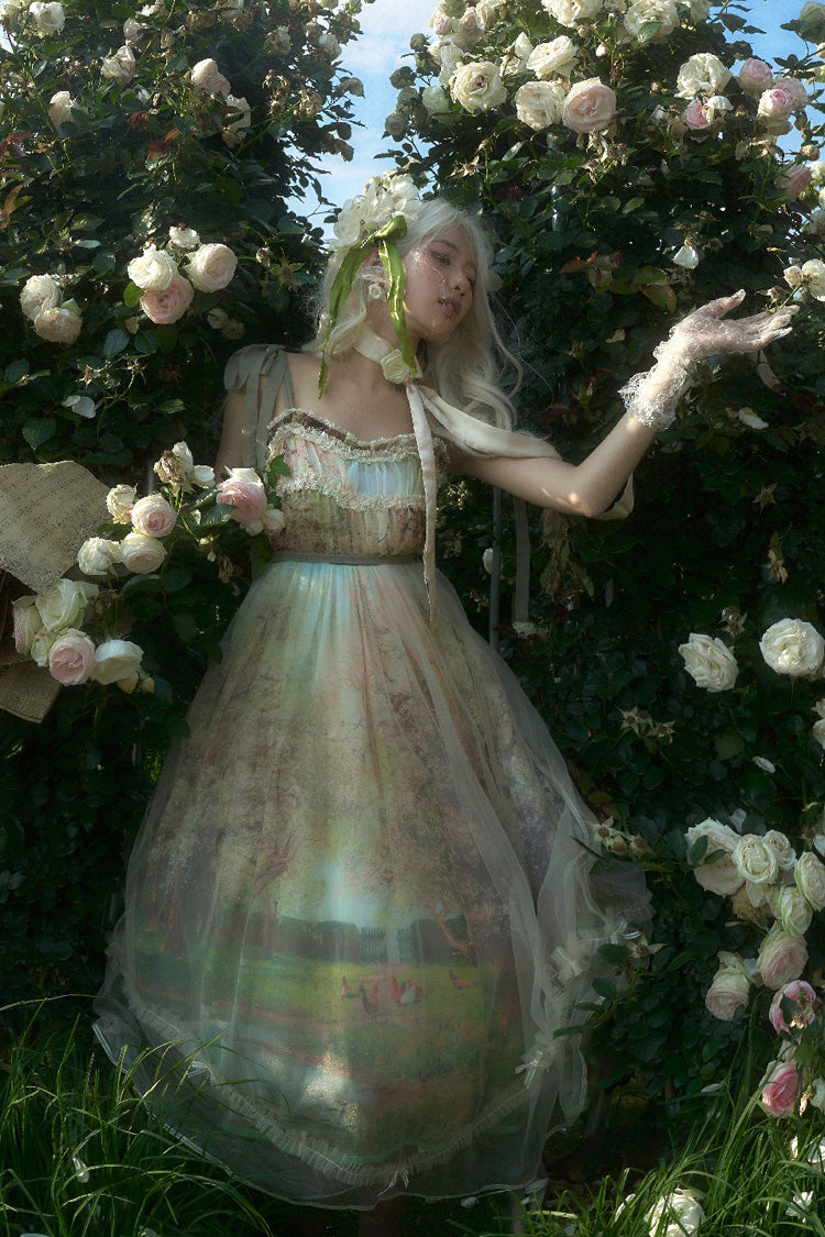 Green [Oil Painting – Spring] Sleeveless Print Ruffle Bowknot Lace Sweet Lolita Jsk Dress - Product - 4