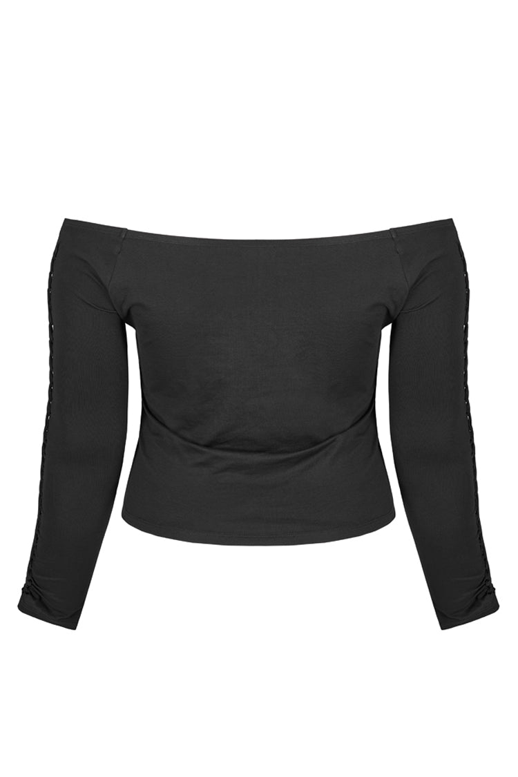 Black Elasticity Knitting Tie Braid Sexy Off The Shoulder Long Sleeve Women's Plus Size Gothic T-Shirt - Product - 7