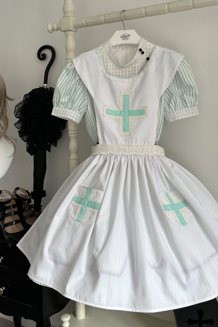 Light Green [Mint Prescription] Stand Collar Short Sleeves Vertical Stripe Printed Bow Sweet Lolita Nurse Dress - Product - 22