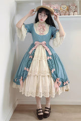 Blue [Lilica Garden] Lapel Collar Short Trumpet Sleeves Ruffled Open-Front Bow Lace Sweet Elegant Luxurious Lolita Dress - Product - 8