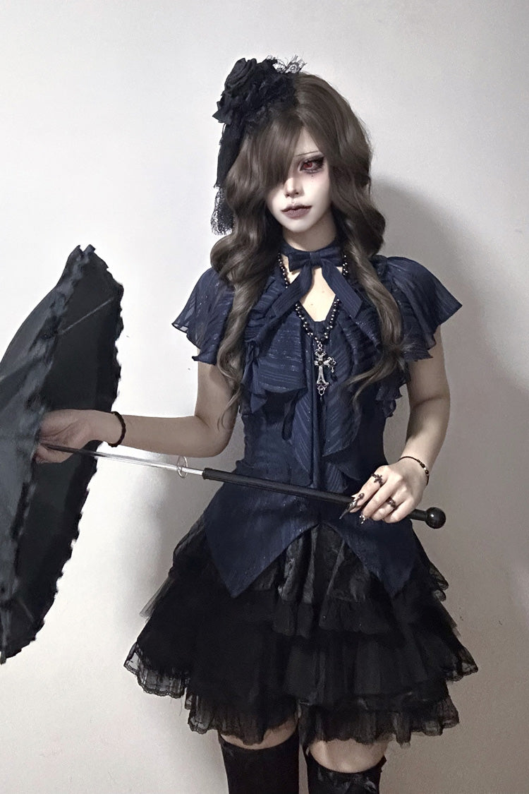 Blue Ruffled Bow Gothic Japanese Lolita Blouse - Product - 3