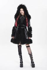 Black Long Sleeves Plush Stitching Buckle Hooded Straps Women's Punk Coat - Product - 4