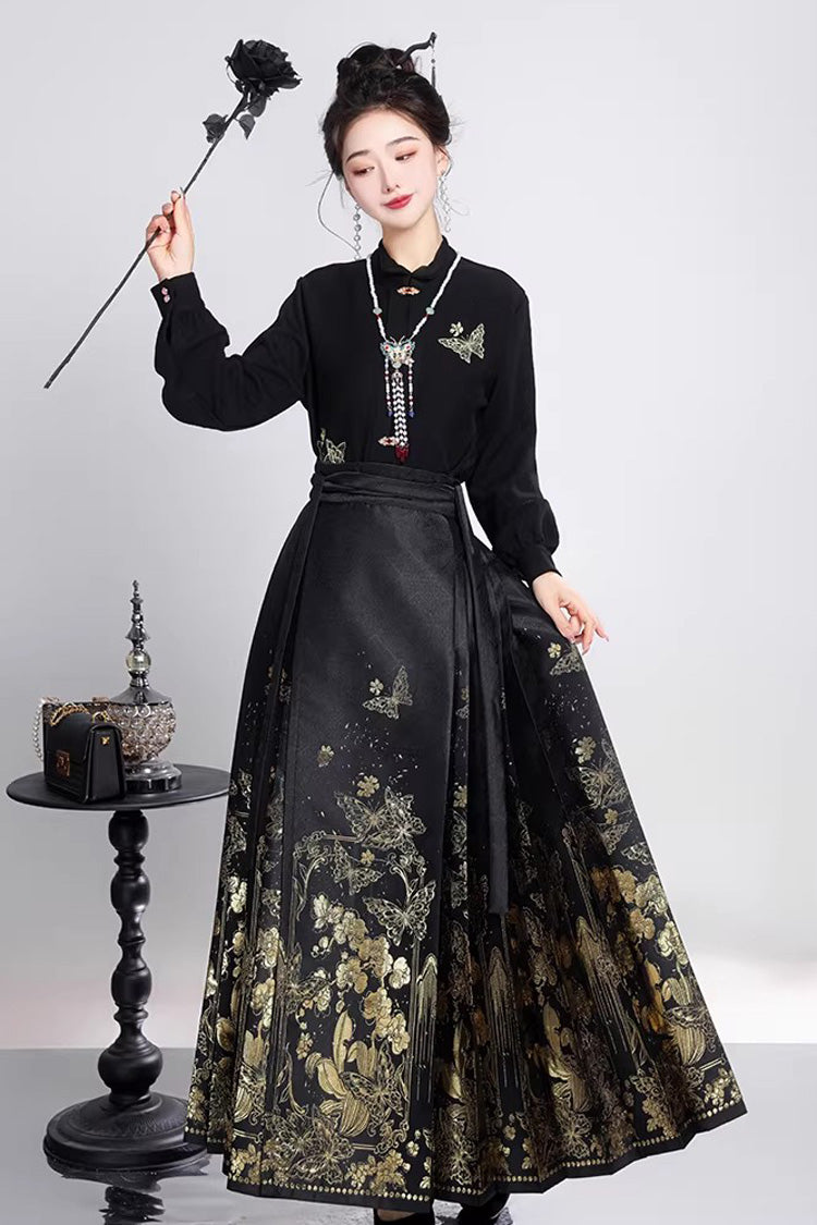 Black Long Sleeves High Waisted Printed Ruffled Foil-Stamped Gothic Hanfu Horse-face Skirt Set - Product - 3