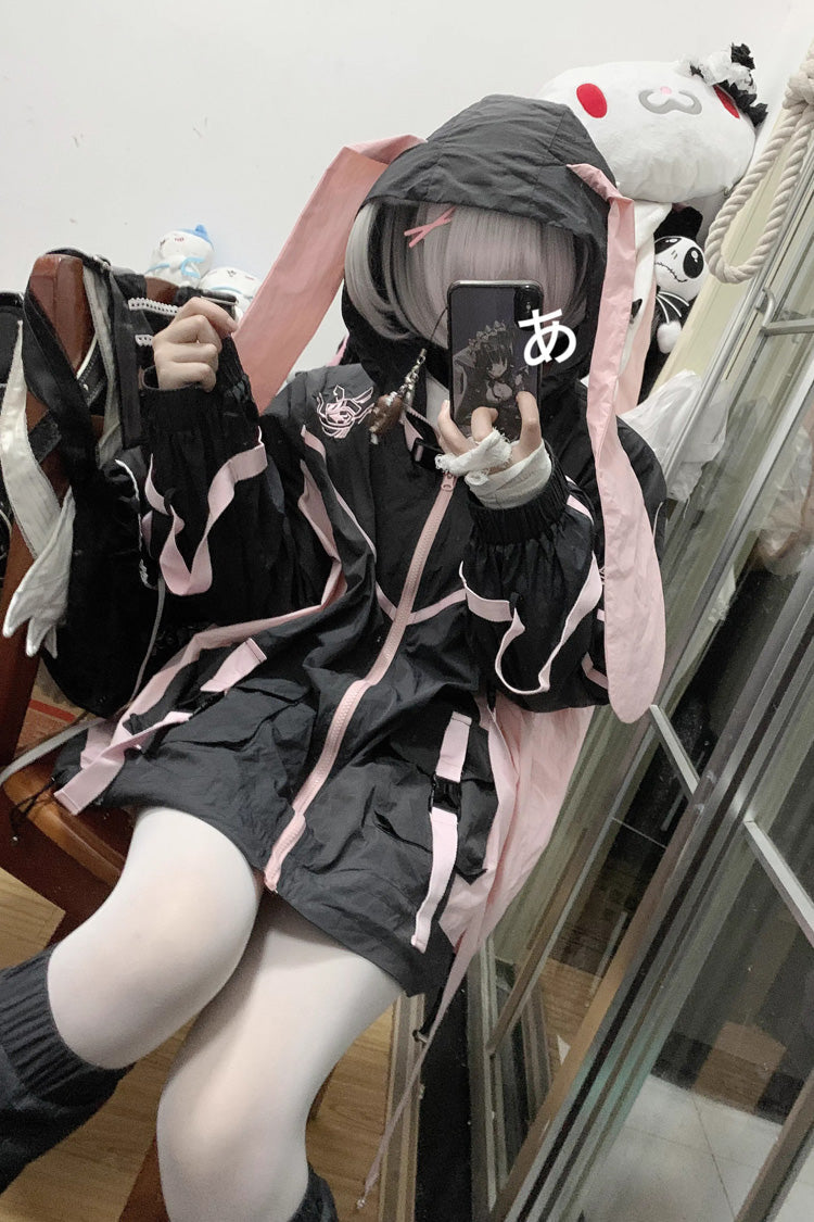 Black/Pink Chip Hacker Cyberpunk Functional Print Hooded Jirai Kei Japanese Sports Coat - Product - 2