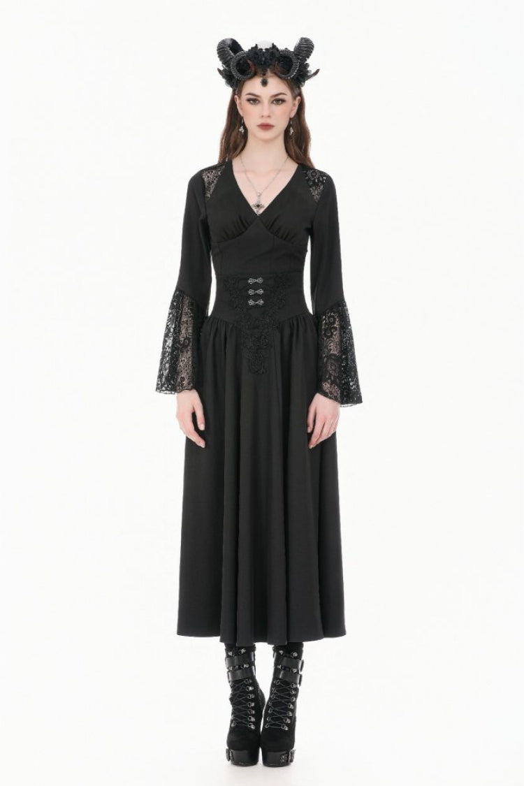 Black Women's Gothic High Waisted Embroidered Gathered Maxi Skirt - Product - 7