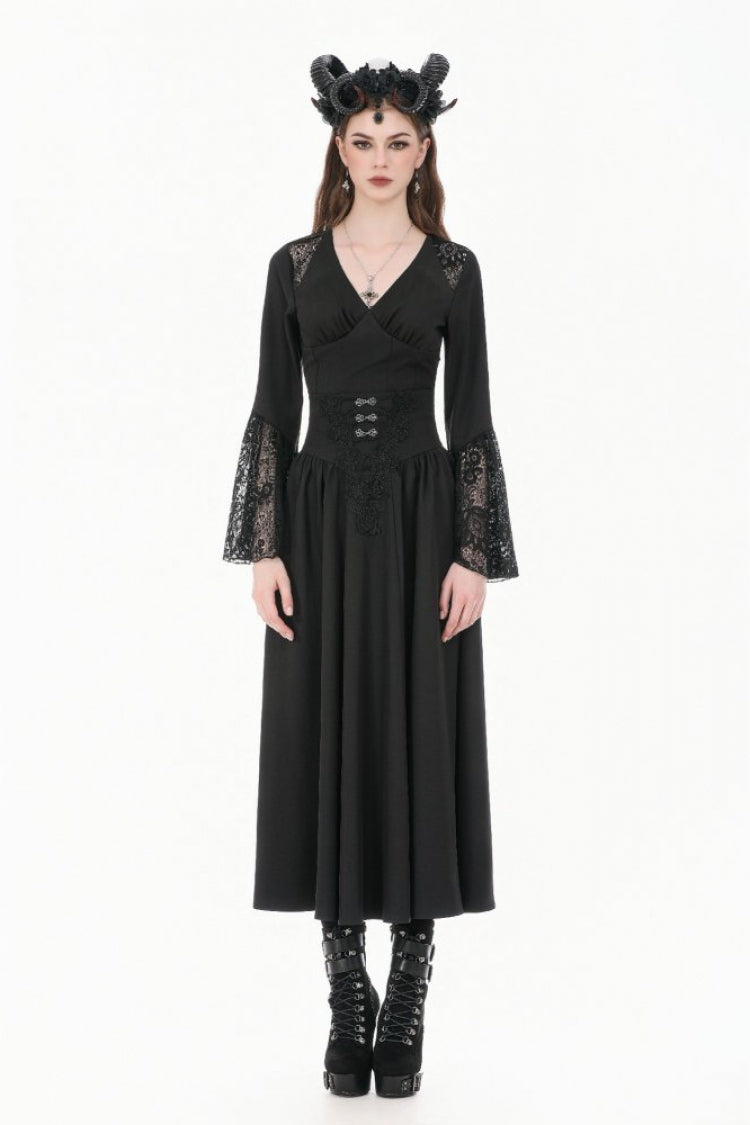 Black Women's Gothic High Waisted Embroidered Gathered Maxi Skirt - Product - 7