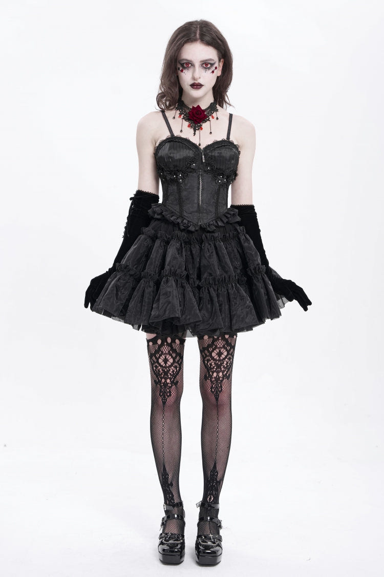 Black Sleeveless Ruffle Embroidery Lace-Up Women's Gothic Tank Top - Product - 5