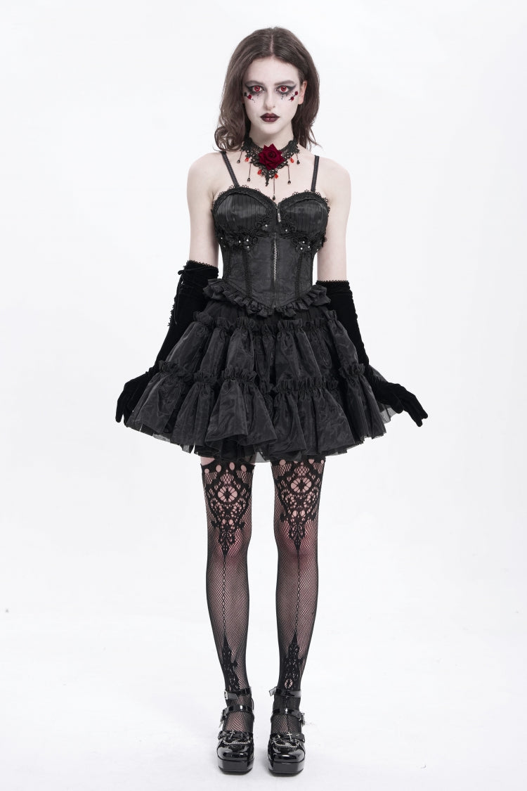 Black Sleeveless Ruffle Embroidery Lace-Up Women's Gothic Tank Top - Product - 5