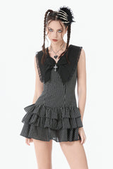 Black/Grey Navy Collar Sleeveless Bow Lace-Up Pinstripe Multi-Layered Ruffled Women's Gothic Dress - Black/Grey - 1