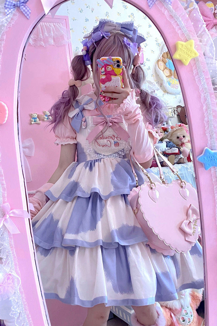Blue Sleeveless Triple-Layered Cow Print Ruffle Bowknot Sweet Lolita Jsk Dress - Product - 19