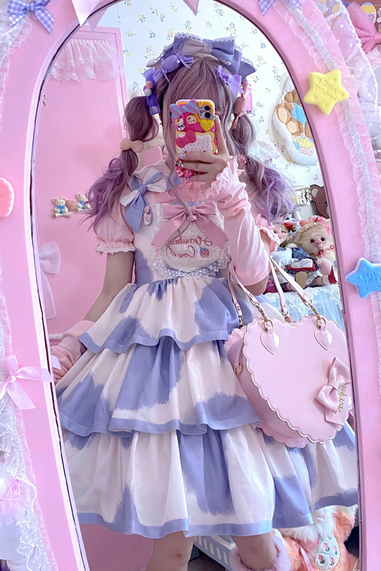 Blue Sleeveless Triple-Layered Cow Print Ruffle Bowknot Sweet Lolita Jsk Dress - Product - 19