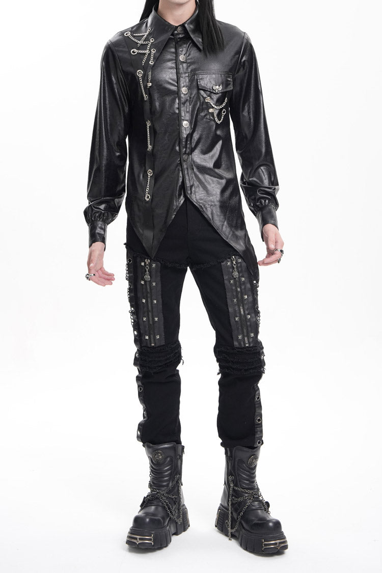 Black Stitching Eyelets Chains Studs Men's Gothic Pants - Product - 5