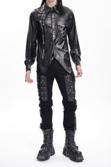 Black Stitching Eyelets Chains Studs Men's Gothic Pants - Product - 5