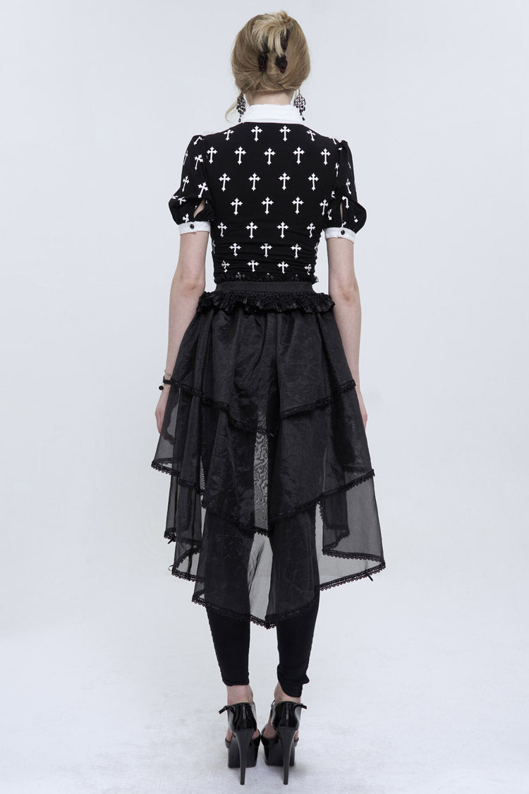 Black/White Cross Printed Chest Paneled Chiffon With Lace Collar Applique? Lace Strap Pendant Women's Punk Shirt - Product - 6