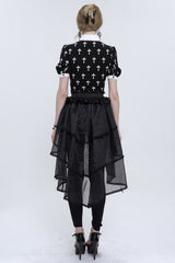 Black/White Cross Printed Chest Paneled Chiffon With Lace Collar Applique? Lace Strap Pendant Women's Punk Shirt - Product - 6