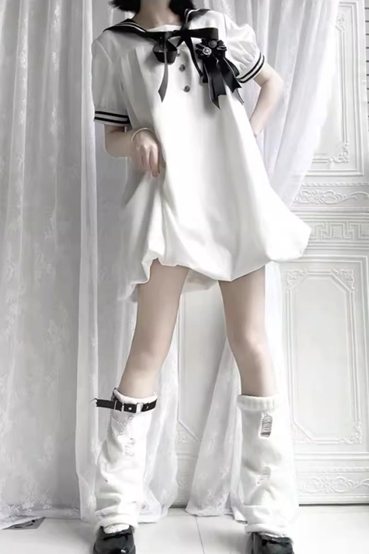Black/White [Old Stories] Navy Collar Short Sleeves Bowknot Sweet Lolita Dress - Product - 10