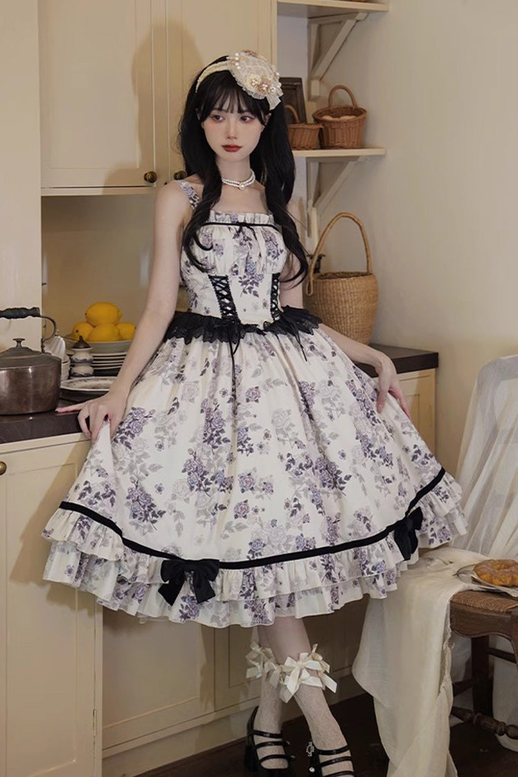 Ivory Rose Print Ruffle Sweet Elegant Princess Lolita Dress - Product - 2