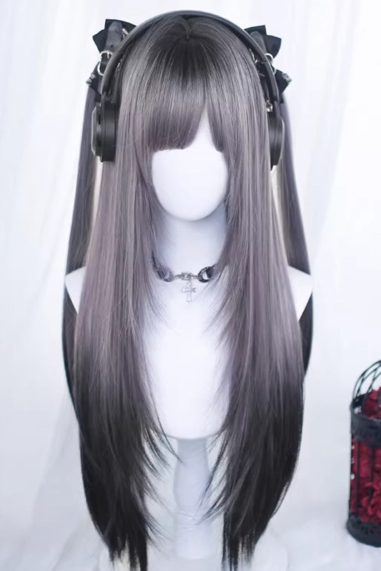 Black/Purple Ombre Long Straight Sweet Lolita Wig with Curtain Bangs - Product - 2