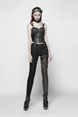 Black Faux Leather Strap Back Print Lace-Up Womens Steampunk Short Corset - Product - 4