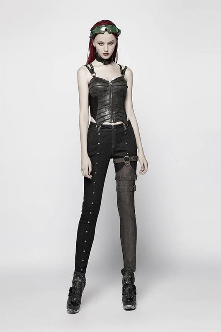 Black Faux Leather Strap Back Print Lace-Up Womens Steampunk Short Corset - Product - 4